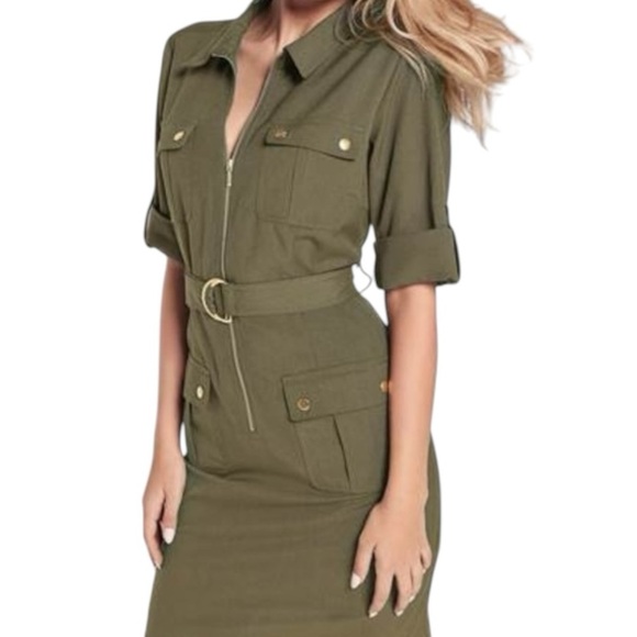 SHARAGANO Olive Green Belted Cargo Midi Dress Size 10 Work Casual‎ Vacation Gold - Picture 11 of 11